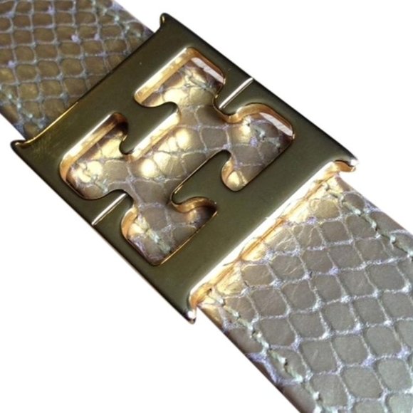 Escada Accessories - ESCADA Gold Reptile Embossed Leather Belt With Double "E" Gold-tone Logo Buckle